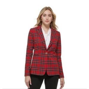 Tommy Hilfiger Red Plaid Blazer Womens Slim Fit Classic Career Jacket Size 10